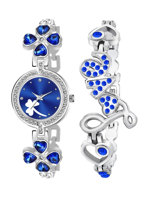 

Rage Enterprise Women Set Of 2 Blue & Silver Stainless Steel Bracelet Style Straps Watch