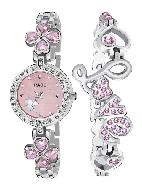 

Rage Enterprise Women Pink Silver-Toned Embellished Straps Analogue Watch With Bracelet