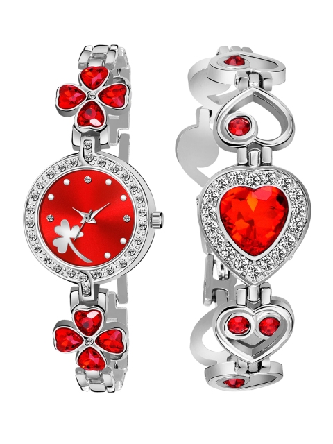 

Rage Enterprise Women Red Silver-Toned Embellished Straps Analogue Watch & Bracelet