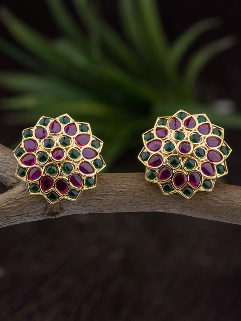 

AK Fashion Jewellery Gold-Plated Ruby Stone Studded Handcrafted Floral Studs Earrings