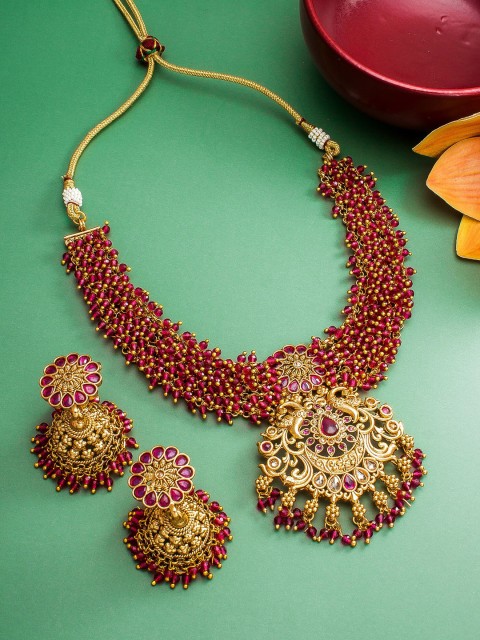 

aadita Gold-Plated Pink Kundan & Pearls-Studded Jewellery Set