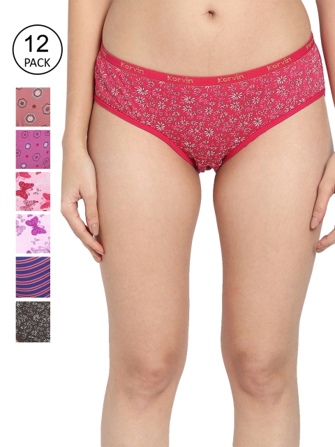 

Fleurt Women Pack of 12 Assorted Printed Pure Cotton Hipster Briefs