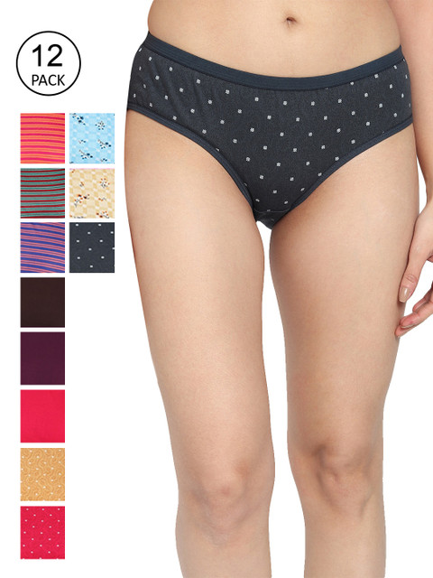 

Fleurt Women Pack of 12 Assorted Printed Pure Cotton Hipster Briefs