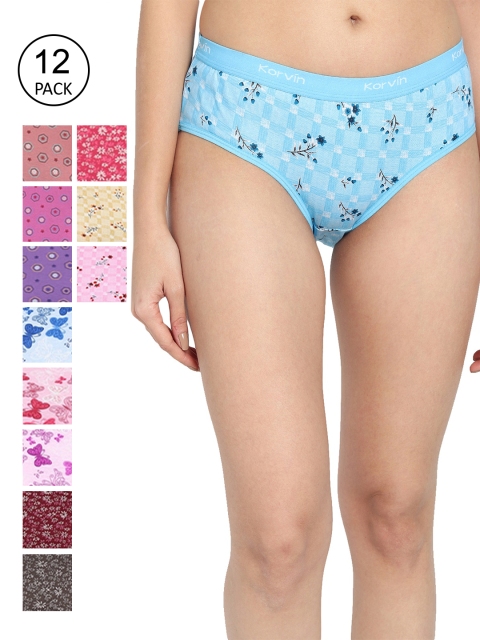

Fleurt Women Pack of 12 Assorted Pure Cotton Hipster Briefs