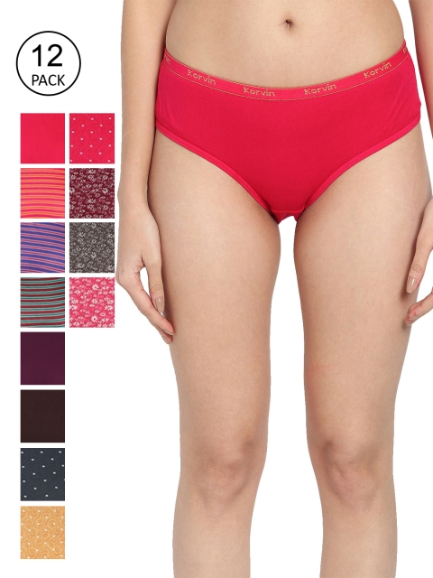 

Fleurt Women Pack of 12 Assorted Printed Pure Cotton Hipster Briefs
