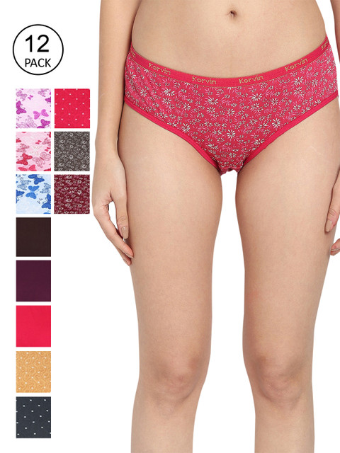 

Fleurt Women Pack of 12 Assorted Printed Pure Cotton Hipster Briefs