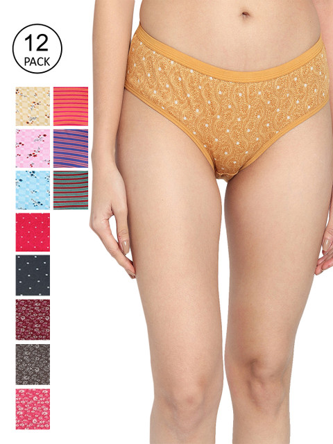 

Fleurt Women Pack of 12 Assorted Printed Pure Cotton Hipster Briefs