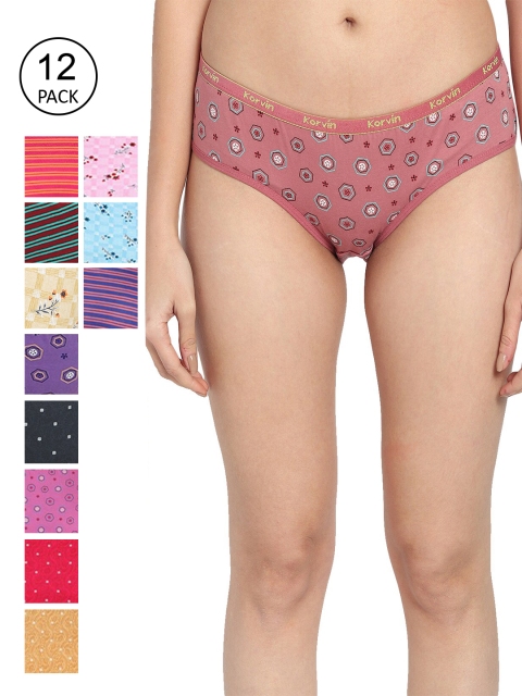 

Fleurt Women Pack of 12 Assorted Printed Pure Cotton Hipster Briefs