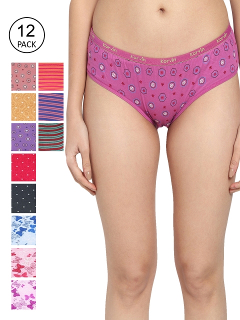 

Fleurt Women Pack Of 12 Assorted Pure Cotton Hipster Briefs