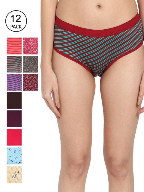 

Fleurt Women Pack Of 12 Assorted Pure Cotton Hipster Briefs