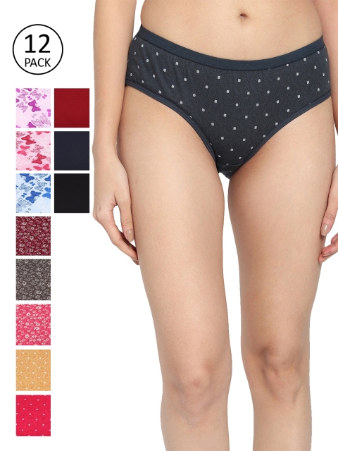

Fleurt Women Pack Of 12 Assorted Pure Cotton Hipster Briefs
