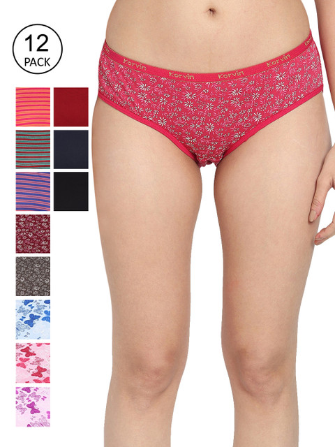 

Fleurt Women Pack Of 12 Assorted Pure Cotton Hipster Briefs