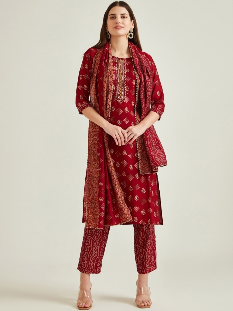 

Neerus Women Maroon & Beige Printed Gotta Patti Kurta with Trousers & Dupatta