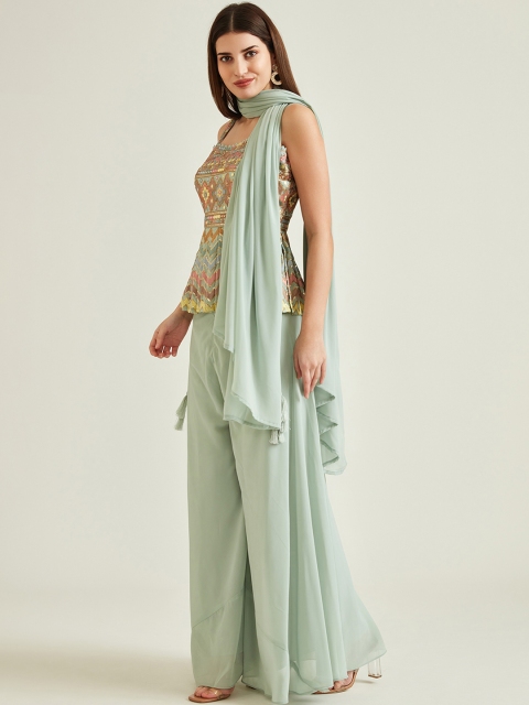 

Neerus Women Sage Green & Yellow Embroidered Pleated Sequinned Kurti with Palazzos