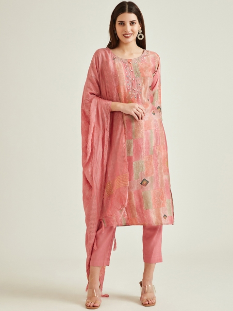 

Neerus Women Pink Printed Mirror Work Kurta with Trousers & With Dupatta
