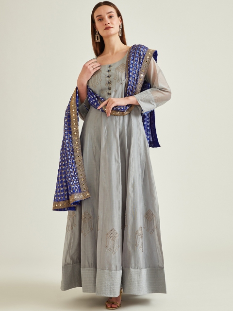 

Neerus Grey Ethnic Motifs Printed Sequinned Chanderi Silk Kurta with Trousers & Dupatta