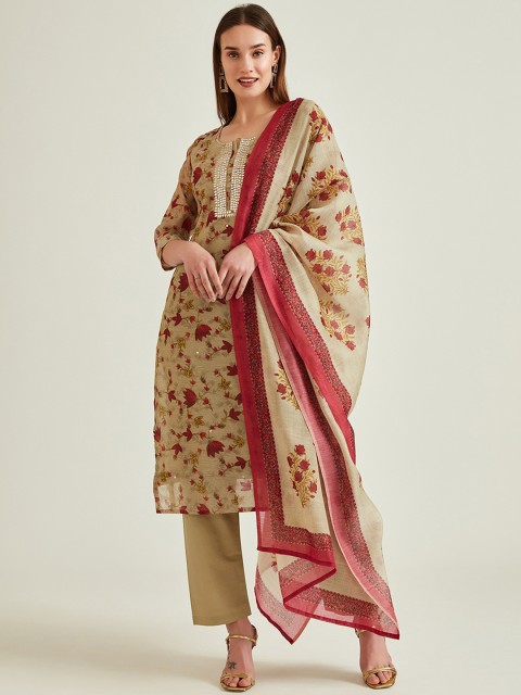 

Neerus Women Beige Floral Printed Mirror Work Chanderi Silk Kurta with Trousers & With Dupatta