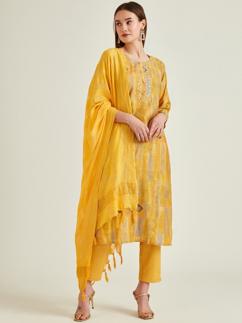 

Neerus Women Yellow Abstract Printed Kurta with Trousers & Dupatta