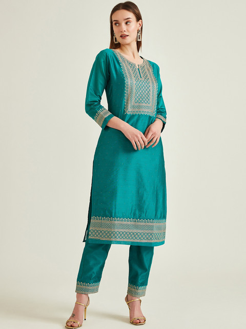 

Neerus Women Turquoise Blue Embroidered Chanderi Silk Kurta with Trousers & With Dupatta