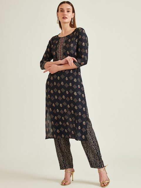 

Neerus Women Navy Blue Ethnic Motifs Printed Gotta Patti Kurta with Trousers & With Dupatta