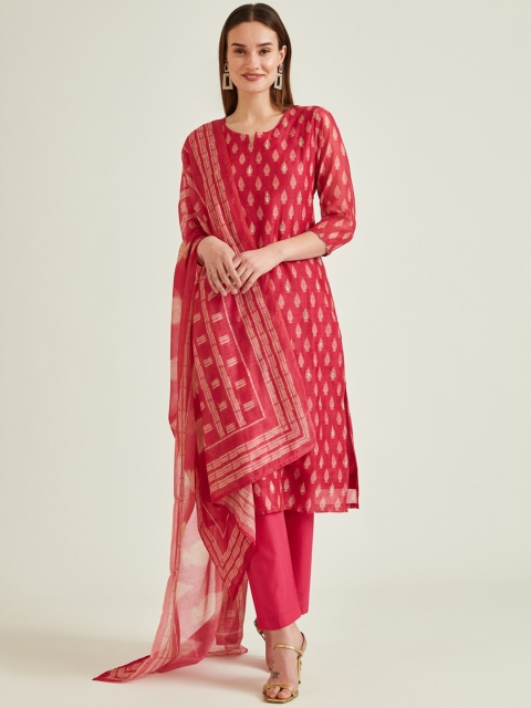 

Neerus Women Magenta Ethnic Motifs Printed Kurta & Trousers With Dupatta