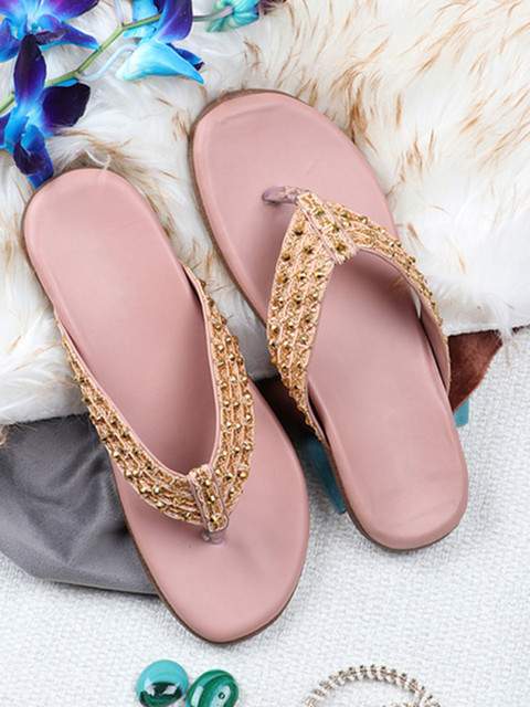 

THE WHITE POLE Women Pink Embellished Leather Ethnic Open Toe Flats