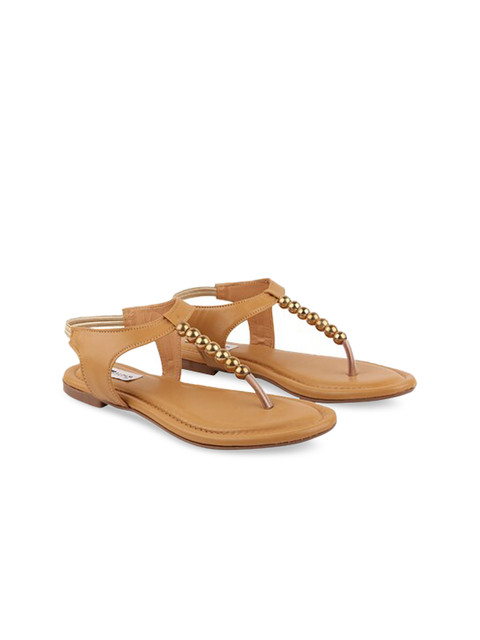 

THE WHITE POLE Women Brown Embellished Leather Ethnic Open Toe Flats