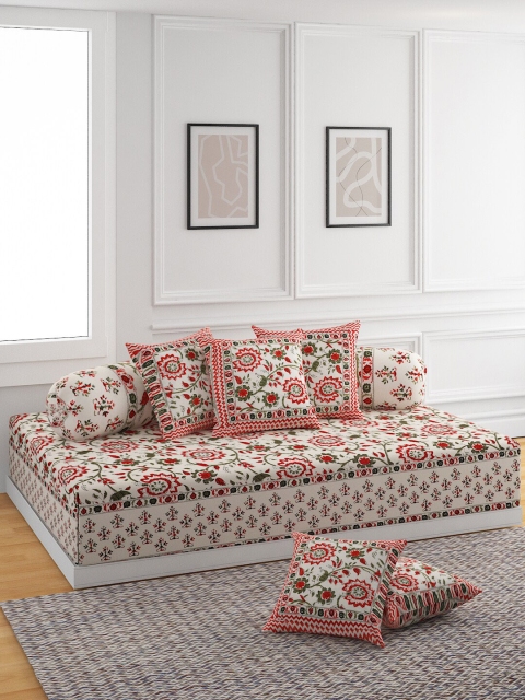 

ROMEE White & Red Floral Printed 8-Piece Cotton Diwan Set