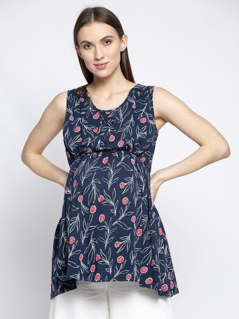 

Tiara Navy Blue & Pink Floral Print Maternity Longline Cinched-Waist Top