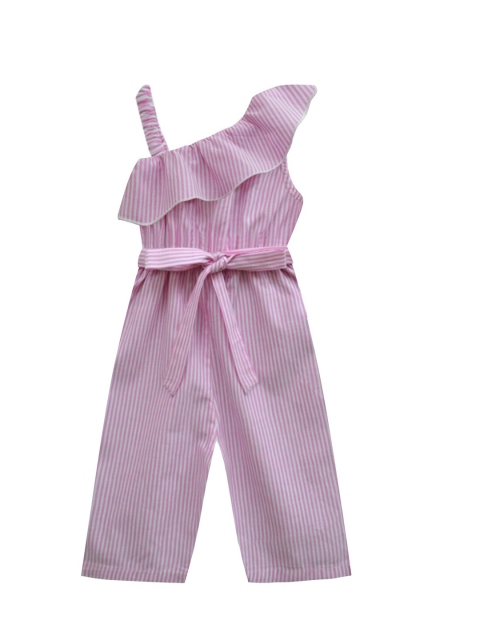 

A T U N Girls Pink & White Striped One-Shoulder Ruffle Detailed Basic Jumpsuit