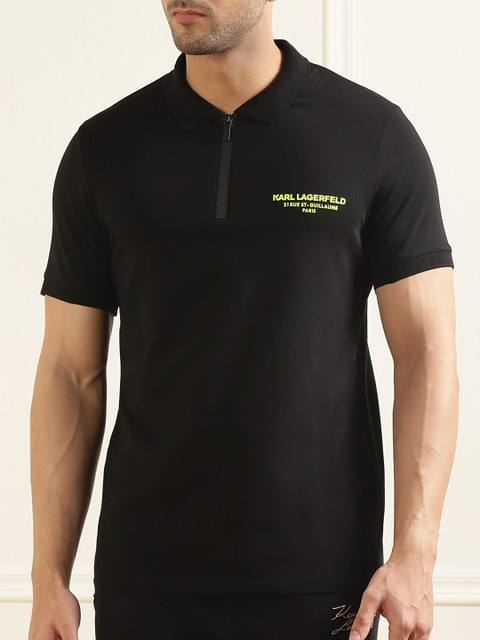 

LAGERFELD Men Black Polo Collar Cotton T-shirt