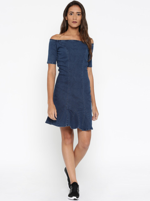 

ELLE Women Blue Solid Off-Shoulder Dress