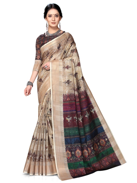 

Mitera Beige & Gold-Toned Ajrak Printed Zari Art Silk Saree