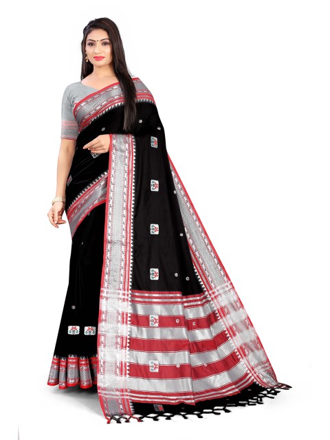 

Mitera Black & Silver-Toned Woven Design Zari Art Silk Block Print Saree