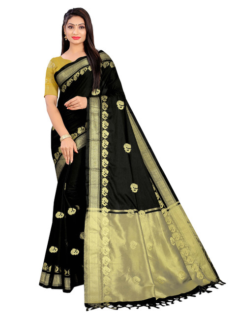 

Mitera Black & Gold-Toned Woven Design Zari Art Silk Saree