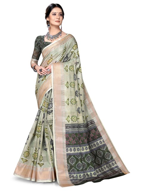 

Mitera Green & Grey Floral Zari Art Silk Saree