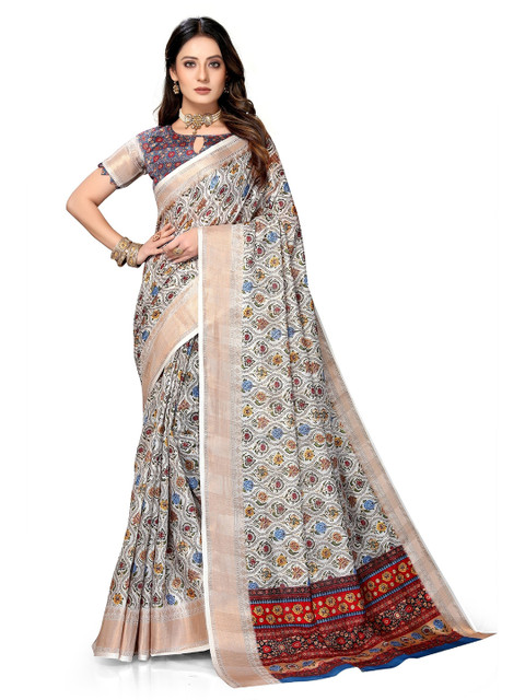 

Mitera Off White & Blue Printed Zari Art Silk Saree