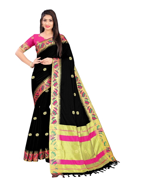 

Mitera Black & Gold-Toned Floral Zari Art Silk Saree