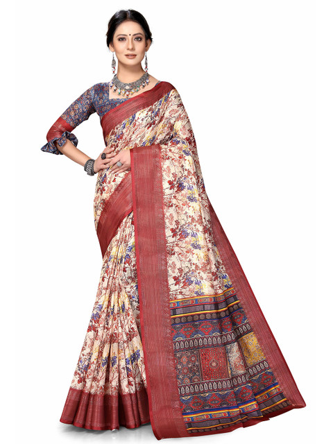 

Mitera Cream-Coloured & Maroon Abstract Print Zari Art Silk Saree