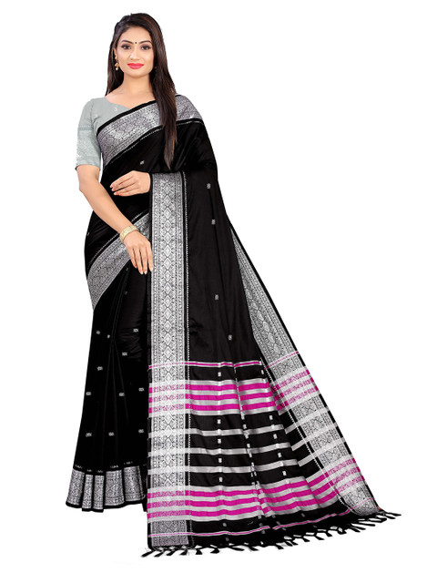 

Mitera Black & Silver-Toned Woven Design Zari Art Silk Saree