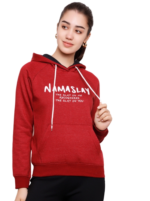 

DECHEN Women Maroon Printed Hooded Sweatshirt