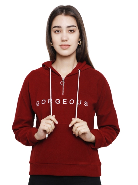

DECHEN Women Maroon Printed Hooded Sweatshirt