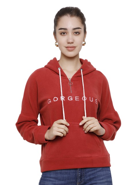 

DECHEN Women Pink Printed Hooded Sweatshirt