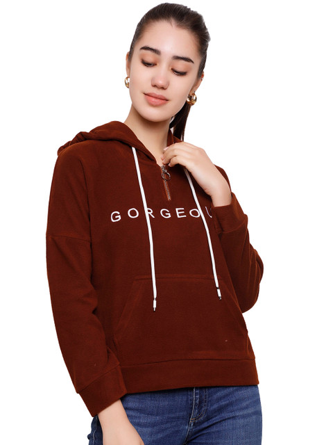 

DECHEN Women Brown Hooded Sweatshirt