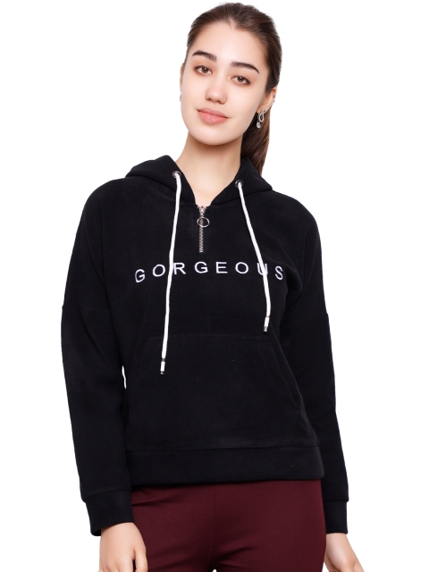 

DECHEN Women Black Hooded Sweatshirt