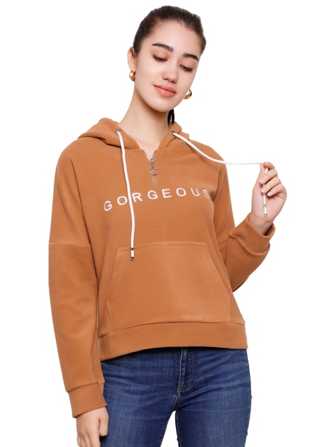 

DECHEN Women Tan Embroidered Hooded Sweatshirt