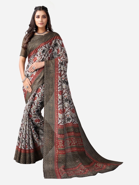 

SIRIL Grey & White Printed Poly Cotton Saree