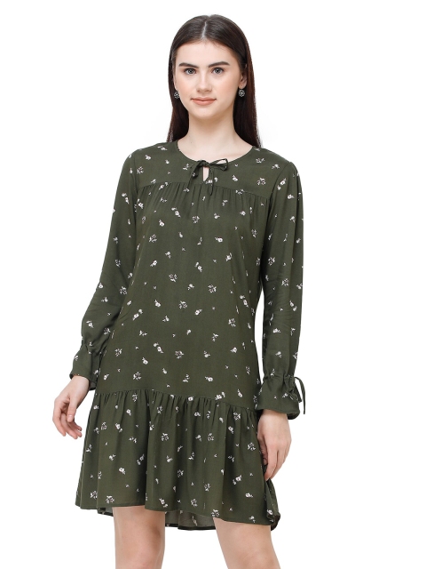 

DECHEN Olive Green Floral Drop-Waist Dress