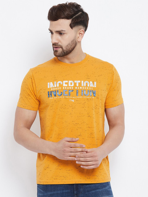 

98 Degree North Men Mustard Yellow & White Typography T-shirt