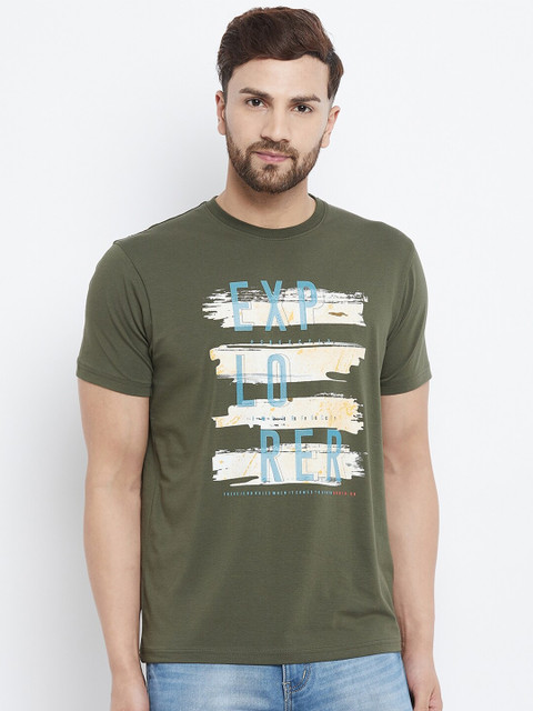 

98 Degree North Men Olive Green & White Typography Printed T-shirt
